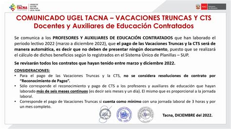 Vacaciones Truncas Y Cts Docentes Y Auxiliares De Educaci N