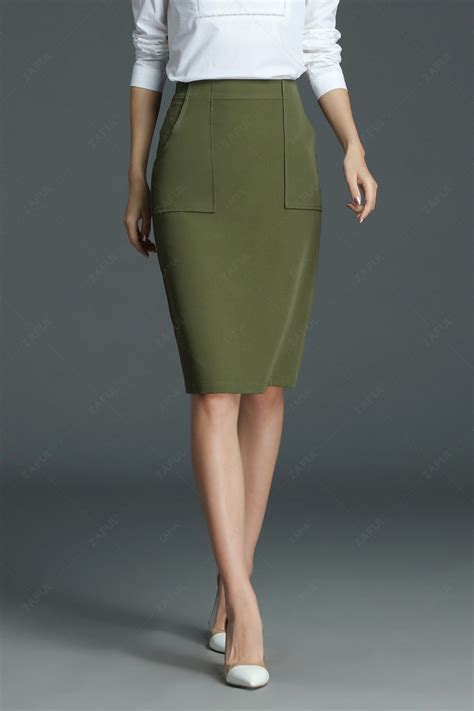 Work Knee Length Pencil Skirt In Olive Green Zaful