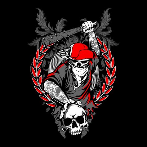 Bandit Skull In Hipster Cap And Skeleton Hands Holding Crossed Baseball