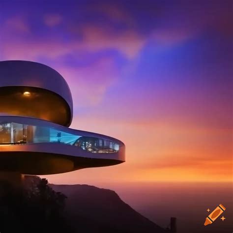 A Spectacular Futuristic Mansion On A Hill Above Los Angeles On Craiyon