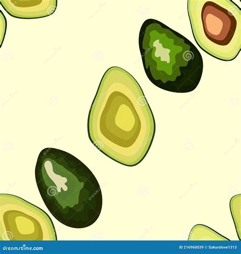 Avocado Seamless Pattern Whole And Sliced Avocado Stock Vector