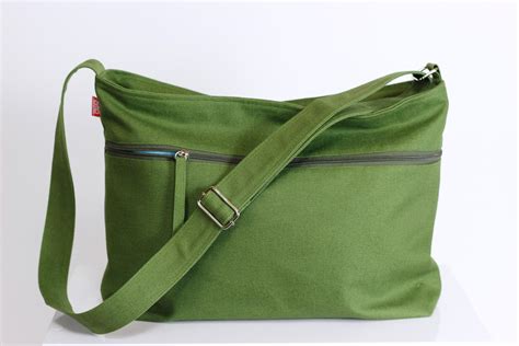 Green Messenger Large Canvas Bag Outer Zip Pocket Unisex College Bag Washable Crossbody Long