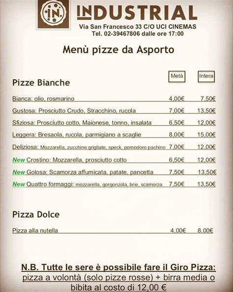 Menu at Industrial restaurant, Pioltello