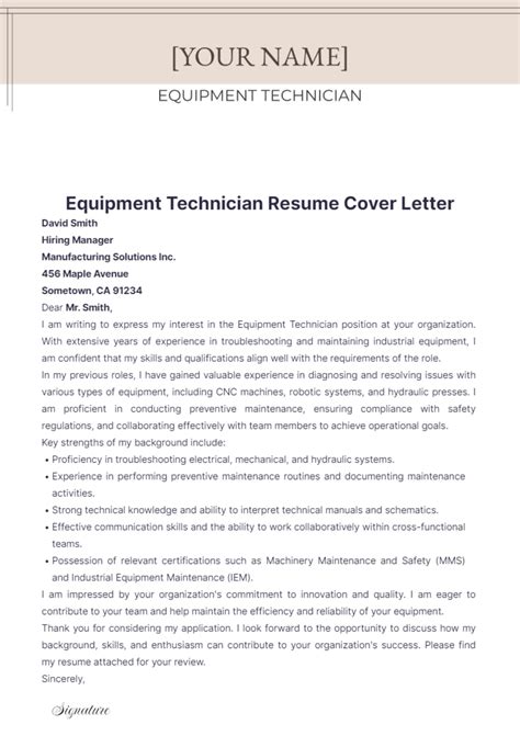 Free Equipment Technician Resume Cover Letter Template Edit Online And Download