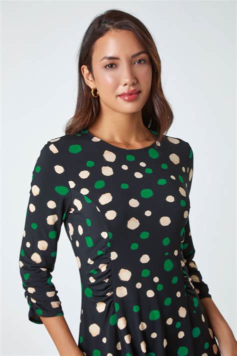 Green Spot Print Gathered Stretch Dress Roman Uk