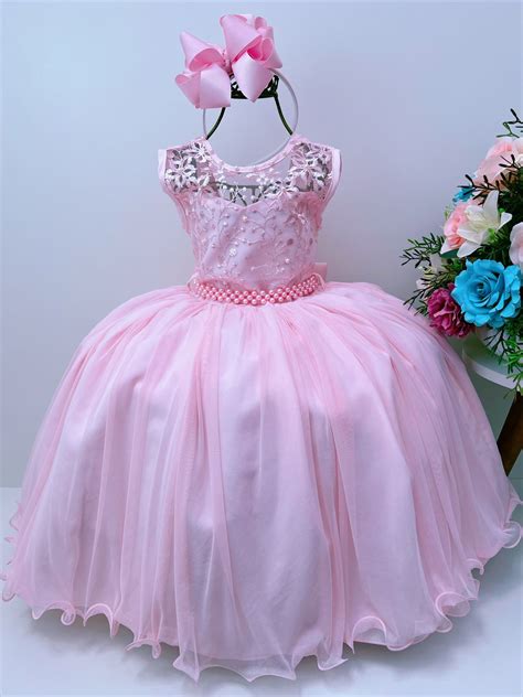 Vestido Infantil Rosa Renda de Luxo Cinto de Pérolas Damas Rosa