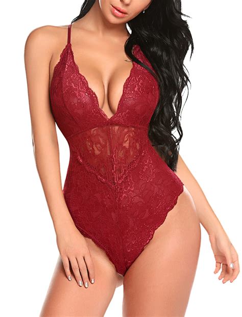 Avidlove Women Snap Crotch Lingerie Sexy Lace Bodysuit Deep V Teddy One