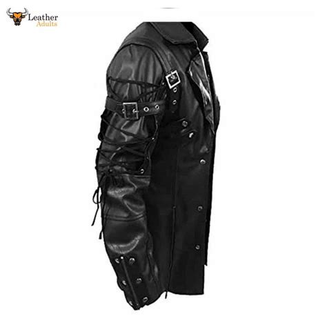 Mens Real Black Leather Goth Matrix Trench Coat Steampunk Gothic T18 B Ksk Leather