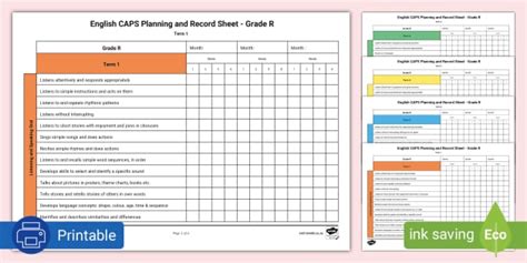 English CAPS Planning And Record Sheet Grade R Twinkl