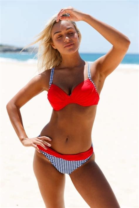 Plaid Red Padded Gather Push Up Two Piece Bikini Swimsuits Set Amber