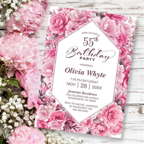 55th Birthday Pink Rose Floral Party Invitation Zazzle