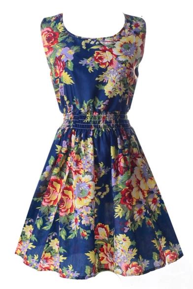 Dark Blue Sleeveless Gorgeous Flower Print Dress - Beautifulhalo.com