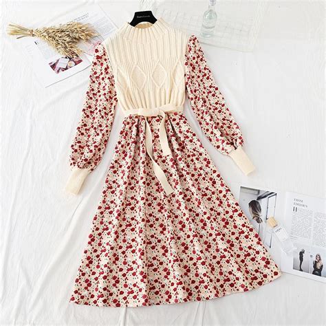 Buy Autumn Winter Corduroy Dress Womens Knitted Stitching Long Sleeved