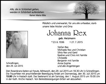 Traueranzeigen Von Johanna Rex Schwarzw Lder Bote Trauer