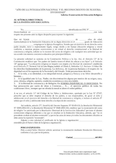 Doc Modelo De Solicitud De Exoneracion Del Curso De Religion