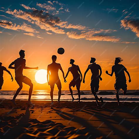 Silueta grupo de amigos jugando al fútbol en la playa | Foto Premium