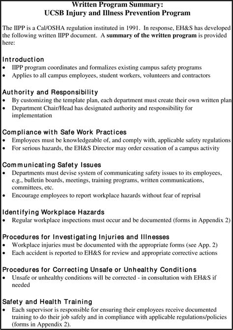 Injury And Illness Prevention Plan Template Template Resume