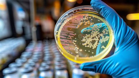 Scientist S Hand In Blue Glove Holding Petri Dish With Bacteria In