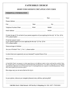 Fillable Online Short Term Missions Participant Application Fax Email