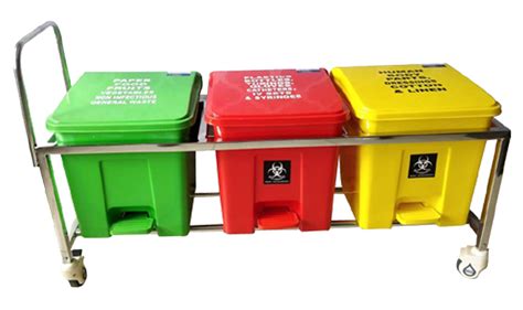 Red Green Yellow Bio Medical Waste Trolley 3 Bin 32 Ltr For Hospital