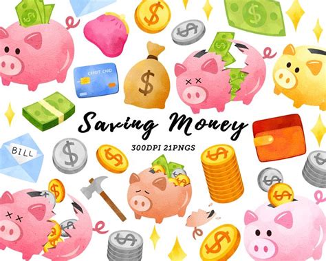 Watercolor Saving Money Clipart Piggy Bank Clipart Money Clipart