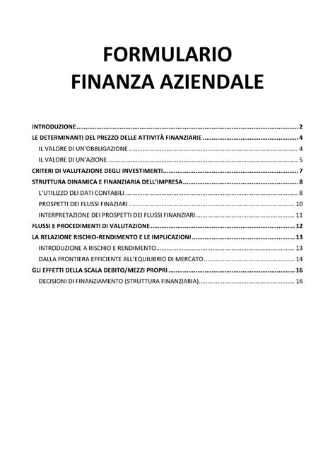 Formulario Finanza Aziendale FORMULARIO INTRODUZIONE FINANZA