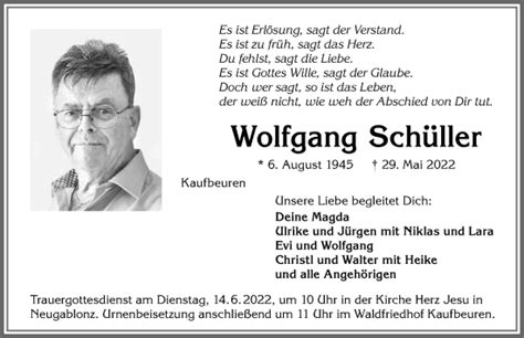 Traueranzeigen von Wolfgang Schüller Allgäuer Zeitung