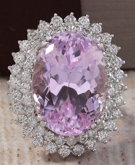 ESTATE 32 47CTW NATURAL PINK KUNZITE AND DIAMOND RING IN 14K WHITE GOLD