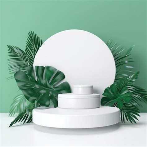 Premium Ai Image White Product Podium With Green Tropical Leaves