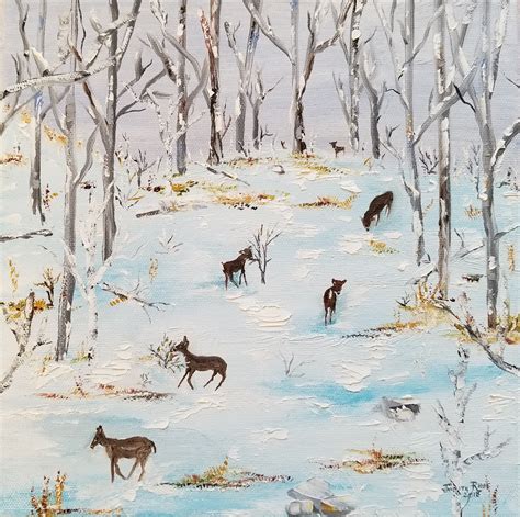 Landscape Oil Painting Original Deer Snow Winter Animals Wildlife Trees ...