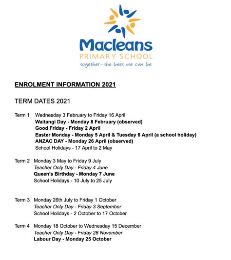 Term Dates | Macleans Primary School