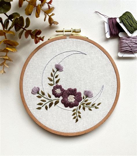 Floral Crescent Moon Embroidery Hoop Finished Floral Embroidery Wall