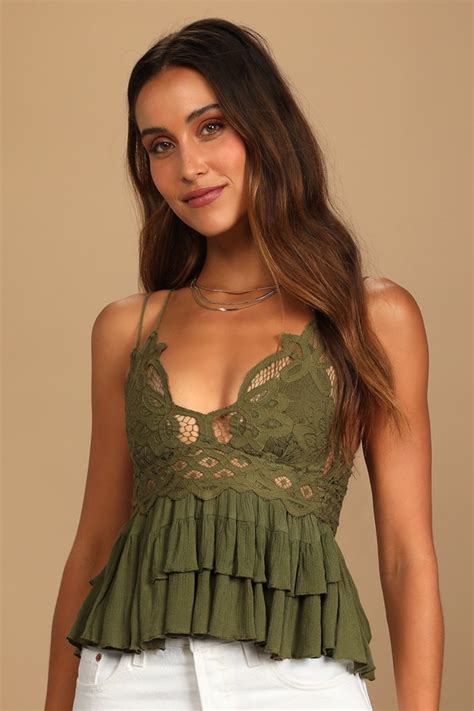 Free People Adella Cami Olive Green Lace Tank Lace Cami Top Lulus