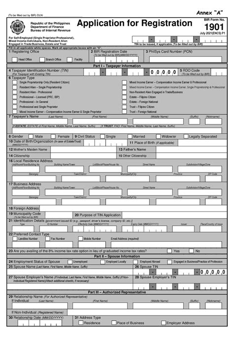 Tin Id Form For Applying Purposes To Be Filled Out By Bir