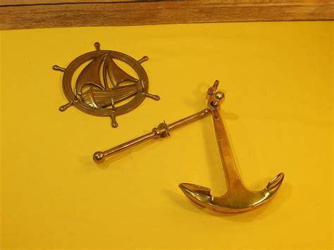 Vintage Nautical Brass Decor 2 Pcs Gold Captains Wheel Key Coat Hook Solid Brass Anchor Paper