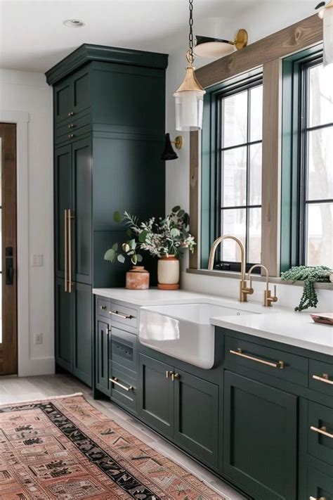 50 Kitchens With Green Cabinets And Wood Accents In 2024 Dark Green