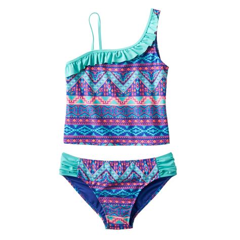 Girls Plus Size SoÂ® Tribal Print Stripe 2 Pc Asymmetrical Tankini