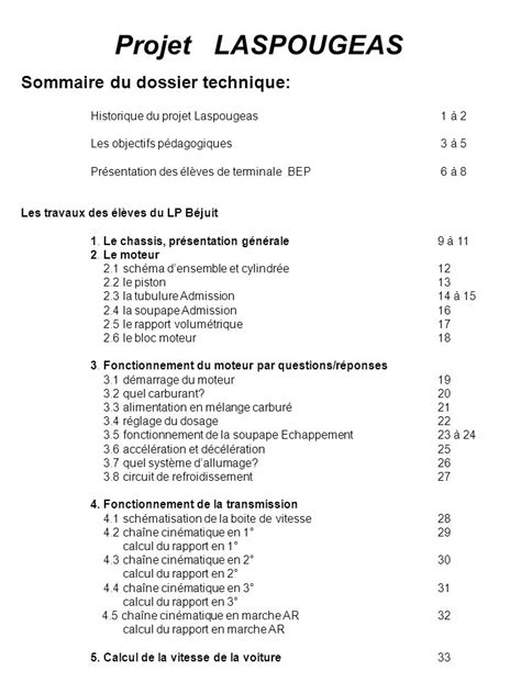 Projet LASPOUGEAS Sommaire du dossier technique ppt télécharger