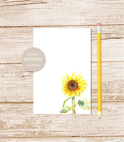 Sunflower Notepad Watercolor Sunflower Note Pad Floral Etsy