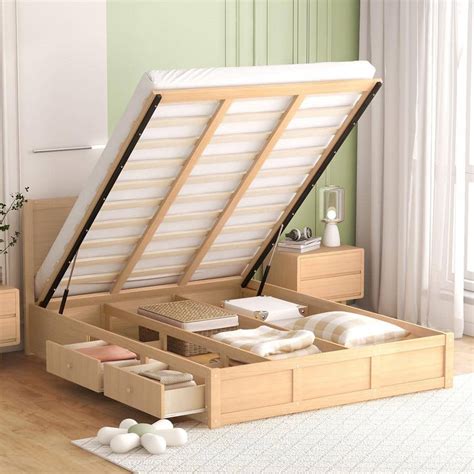 Qualler Brown Wooden Frame Queen Size Platform Bed with Drawers and ...