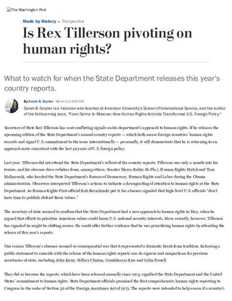 Pdf Is Rex Tillerson Pivoting On Human Rights Sarah Snyder