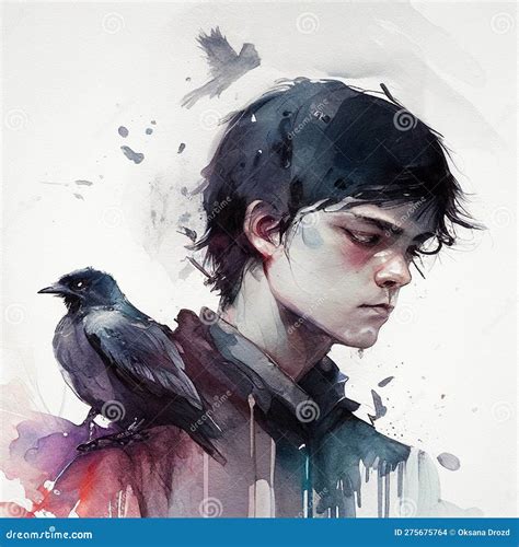 Gloomy Watercolor Art Of A Dark-haired Teenage Boy And His Black Bird ...