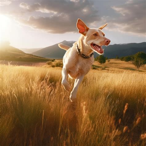 Un Perro Corriendo Por Un Campo Con Monta As Al Fondo Foto Premium