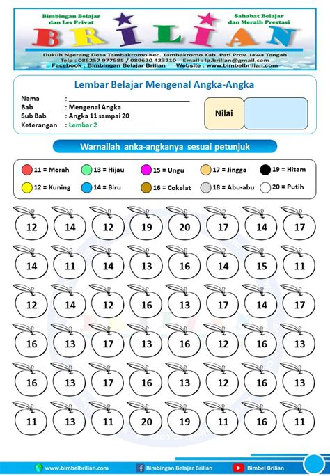 Lembar Kerja Mewarnai Dan Mengenal Angka 11 Sampai 20 Untuk Paud Tk Bimbel Brilian