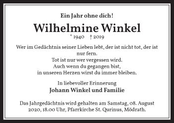 Traueranzeigen Von Wilhelmine Winkel WirTrauern