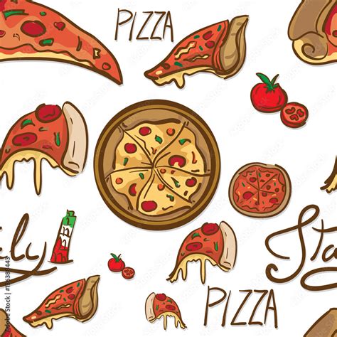 Pattern Italian Foods Pizza Drawing Graphic Design Objects Stock Vector