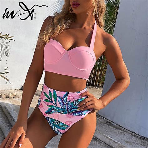 In X Hoge Taille Bikini Leaf Print Badpak Vrouwen Push Up Badmode