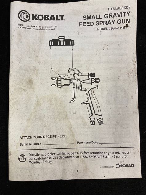 Kobalt Small Gravity Feed Spray Gun Sgy Air87tz Owners Manual And Parts