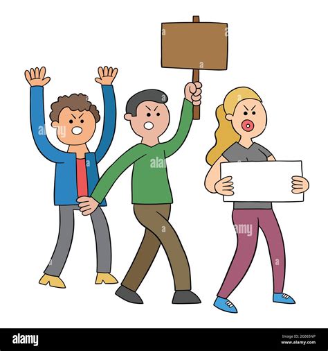 Cartoon people angry and taking action, vector illustration. Black outlined and colored Stock ...