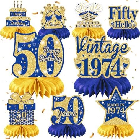 9pcs Blue Gold 50th Birthday Decorations Blue 50th Birthday